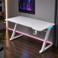 Геймърско бюро 140 см с RGB LED осветление, поставка за чаша и държач за слушалки – Бяло FS-23478 FS-23478