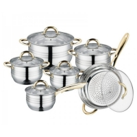 Комплект тенджери и тиган Royalty Line RL-1231G, 12ч.,16К/16/18/ 20/24/24Tсм., Индукция, Инокс, Златни дръжки DJ32 FS-12953 FS-12953