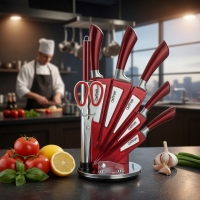 Комплект ножове 8 части със стойка Cheffinger – неръждаема стомана, въртяща се акрилна поставка 360° KN10 KN10