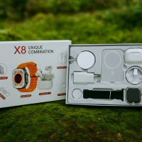 Комплект 8 в 1 с X8 Smartwatch,безжични слушалки,зарядно,кабели,външна батерия SMW17 FS-16323
                                                                                    , видео FS-16323